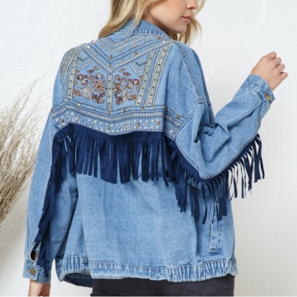 New Bohemian Western Fringe Detailed Embroidered Oversized Denim Jean Jacket - Picture 5 of 12